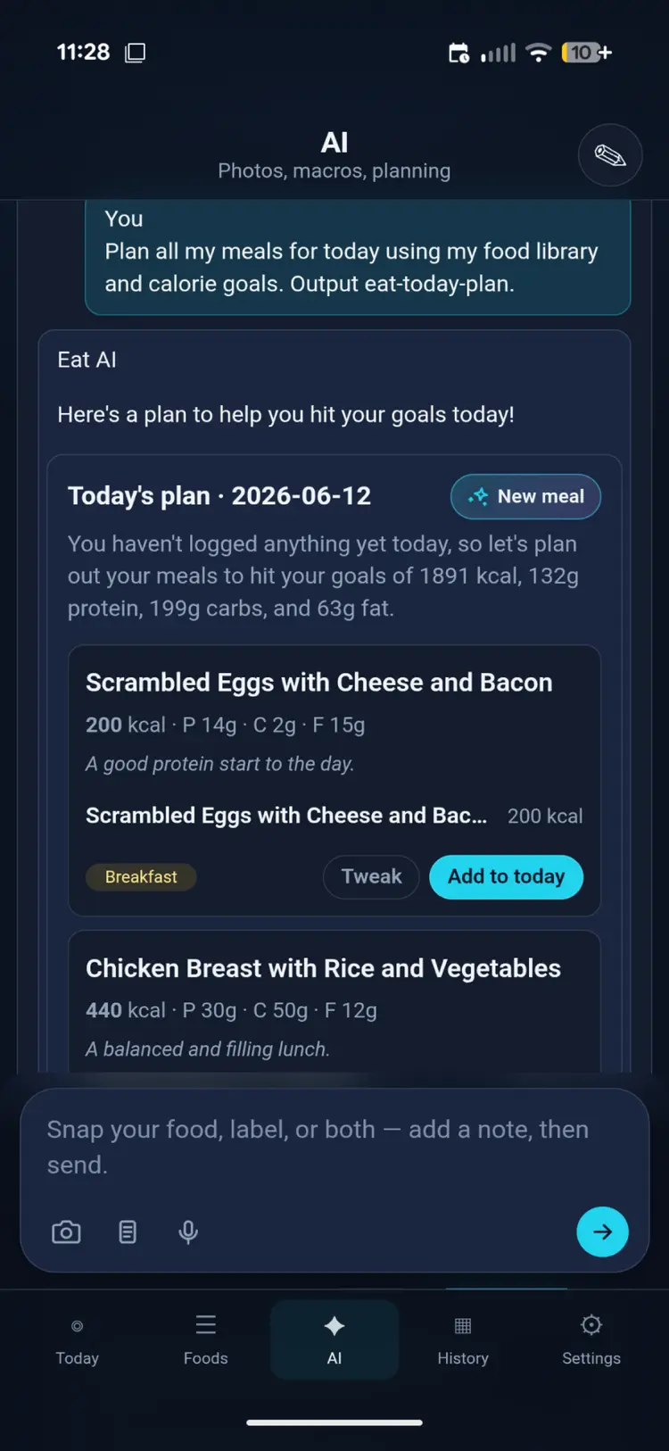 Eat AI planning meals for the day with add-to-today actions