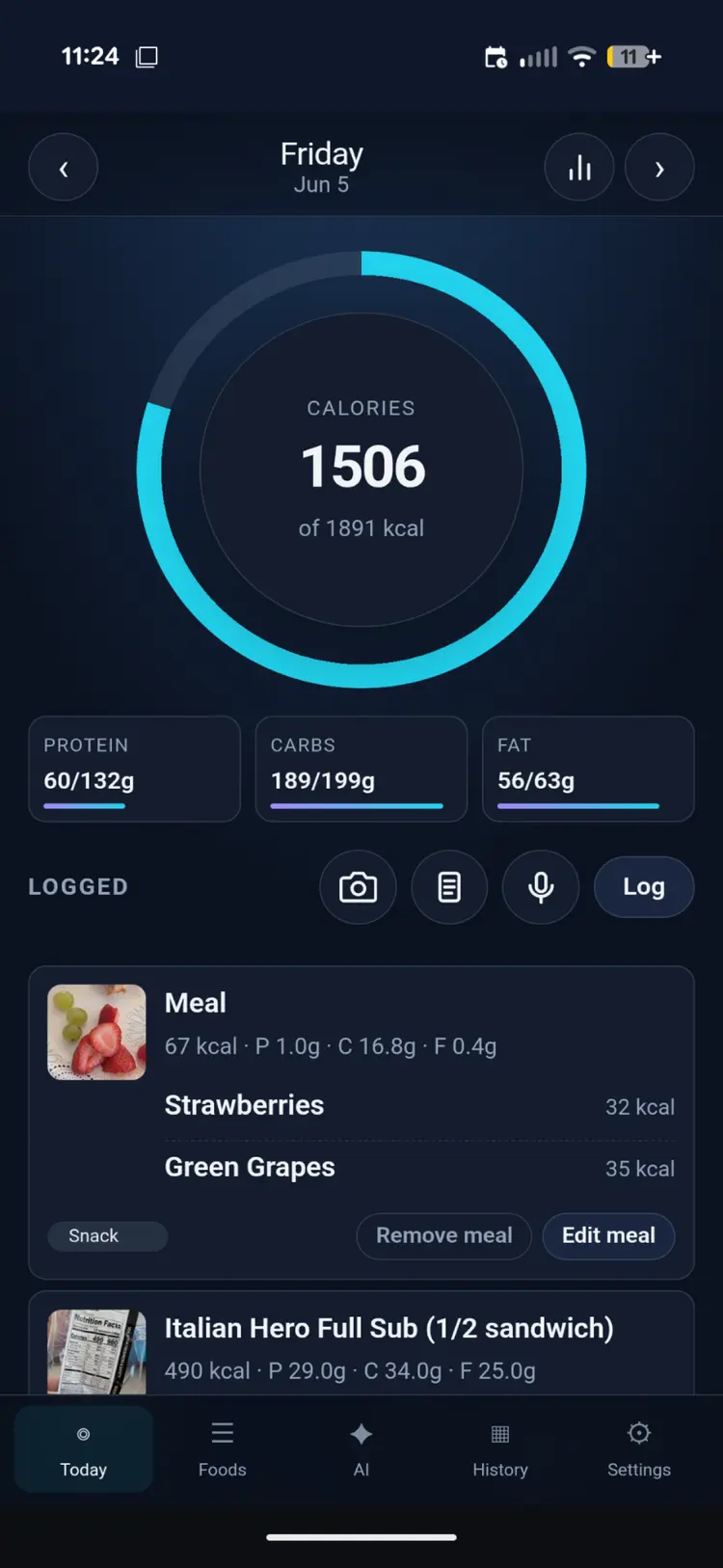 Eat day view showing calories and macros against goals